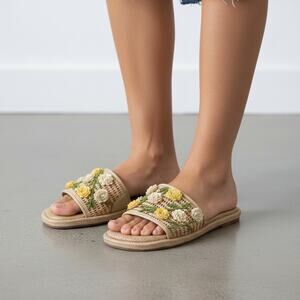 Steve Madden Picnic Tan Sandals with Yellow Floral Embellishments